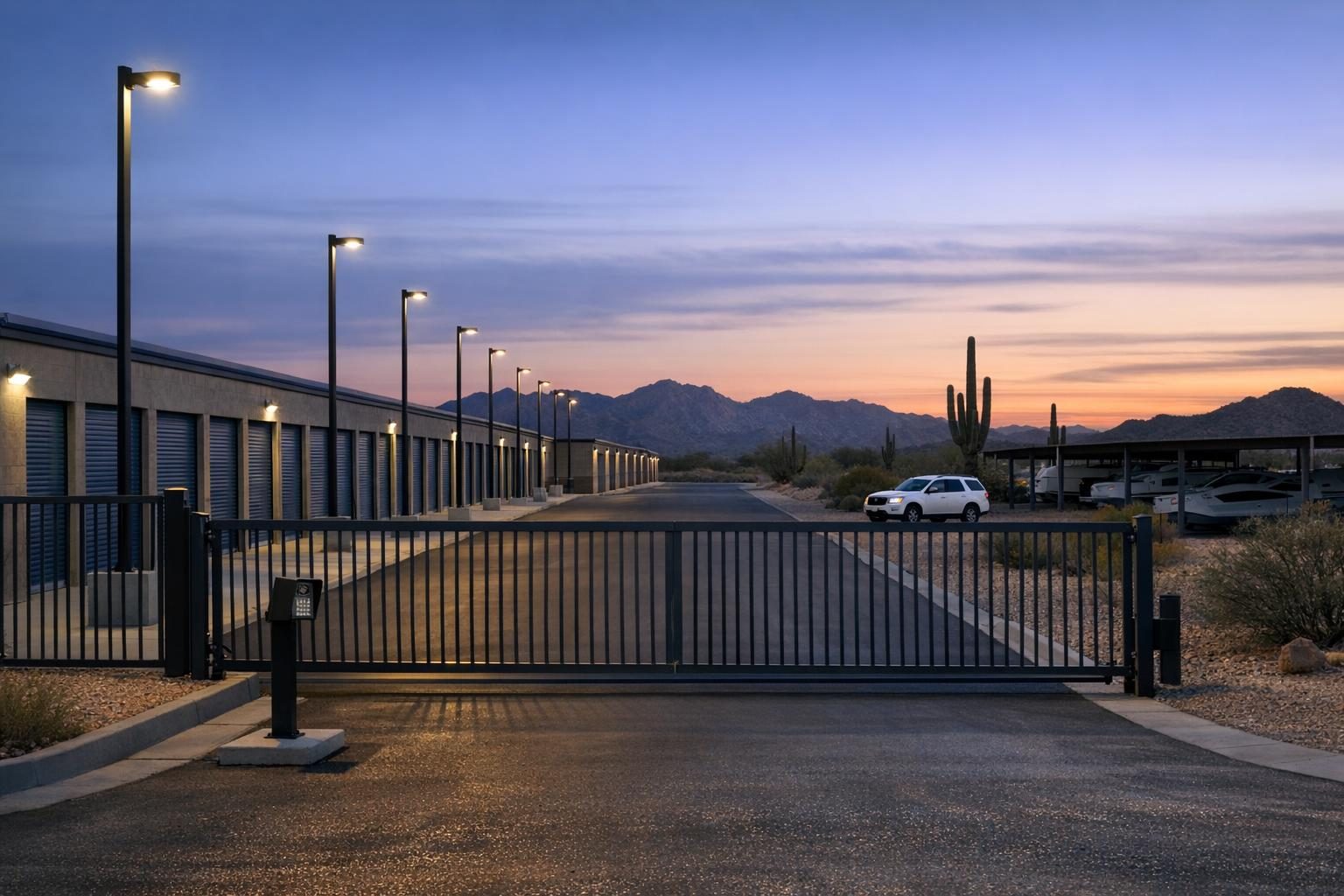 Self storage security at an Arizona facility: gated entry, lit drive aisle and rows of roll-up units at dusk