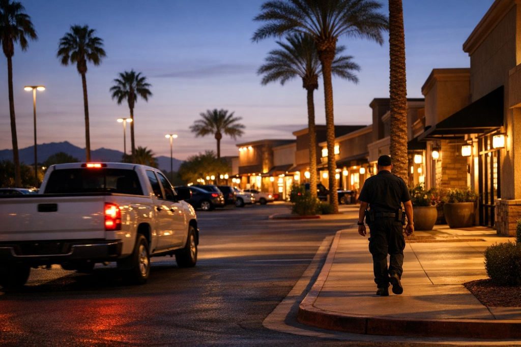 Security patrol in an Arizona shopping center parking lot at twilight