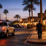 Security patrol in an Arizona shopping center parking lot at twilight