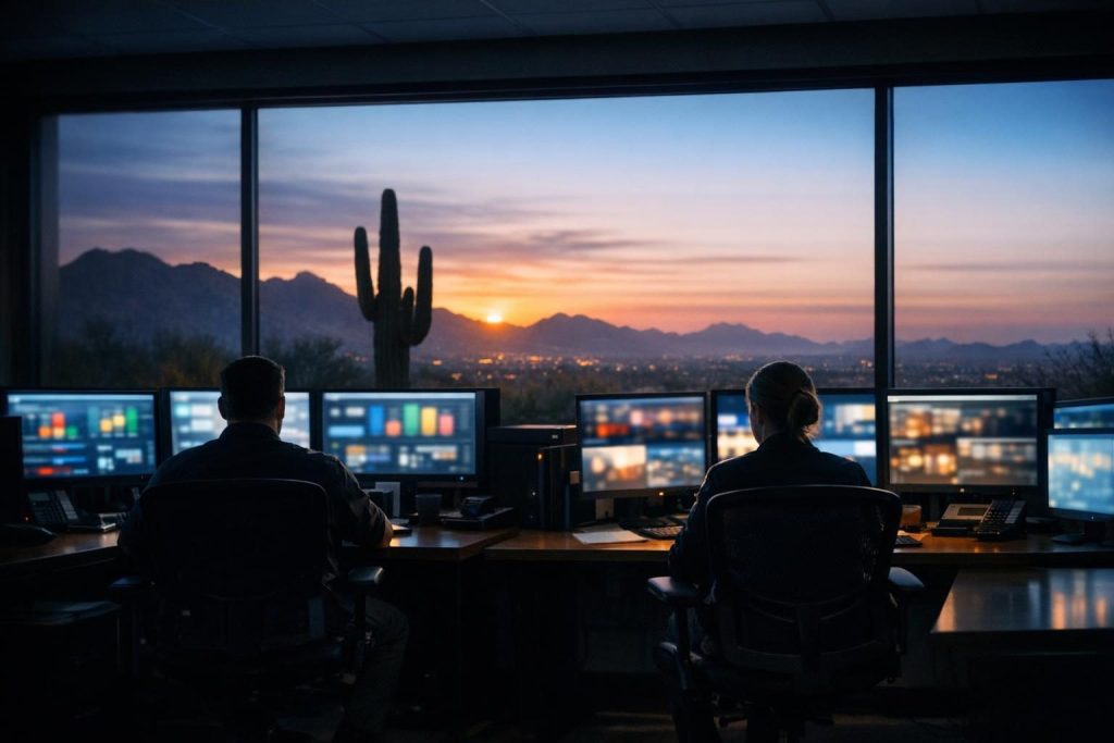 Security analysts monitoring alerts at dusk, illustrating SOC vs MDR managed detection and response coverage