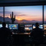 Security analysts monitoring alerts at dusk, illustrating SOC vs MDR managed detection and response coverage