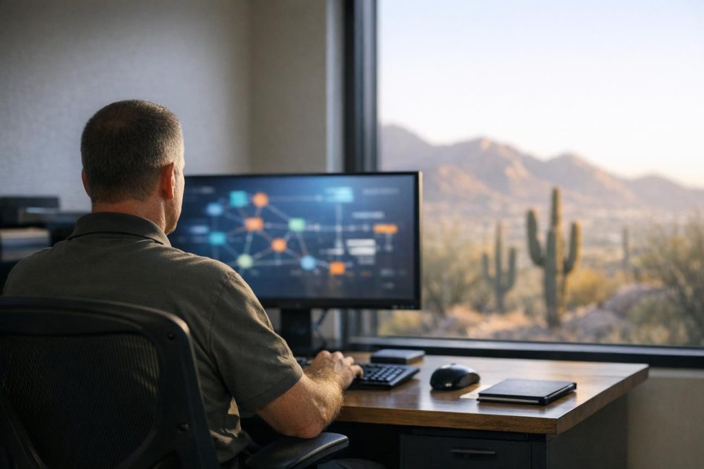 IT administrator configuring SPF DKIM DMARC email authentication records at a desk in an Arizona office