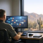 IT administrator configuring SPF DKIM DMARC email authentication records at a desk in an Arizona office