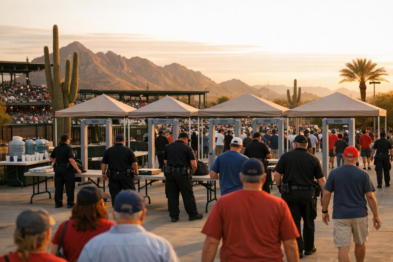 Stadium security officers screening fans at the entry gates of an Arizona ballpark at sunset