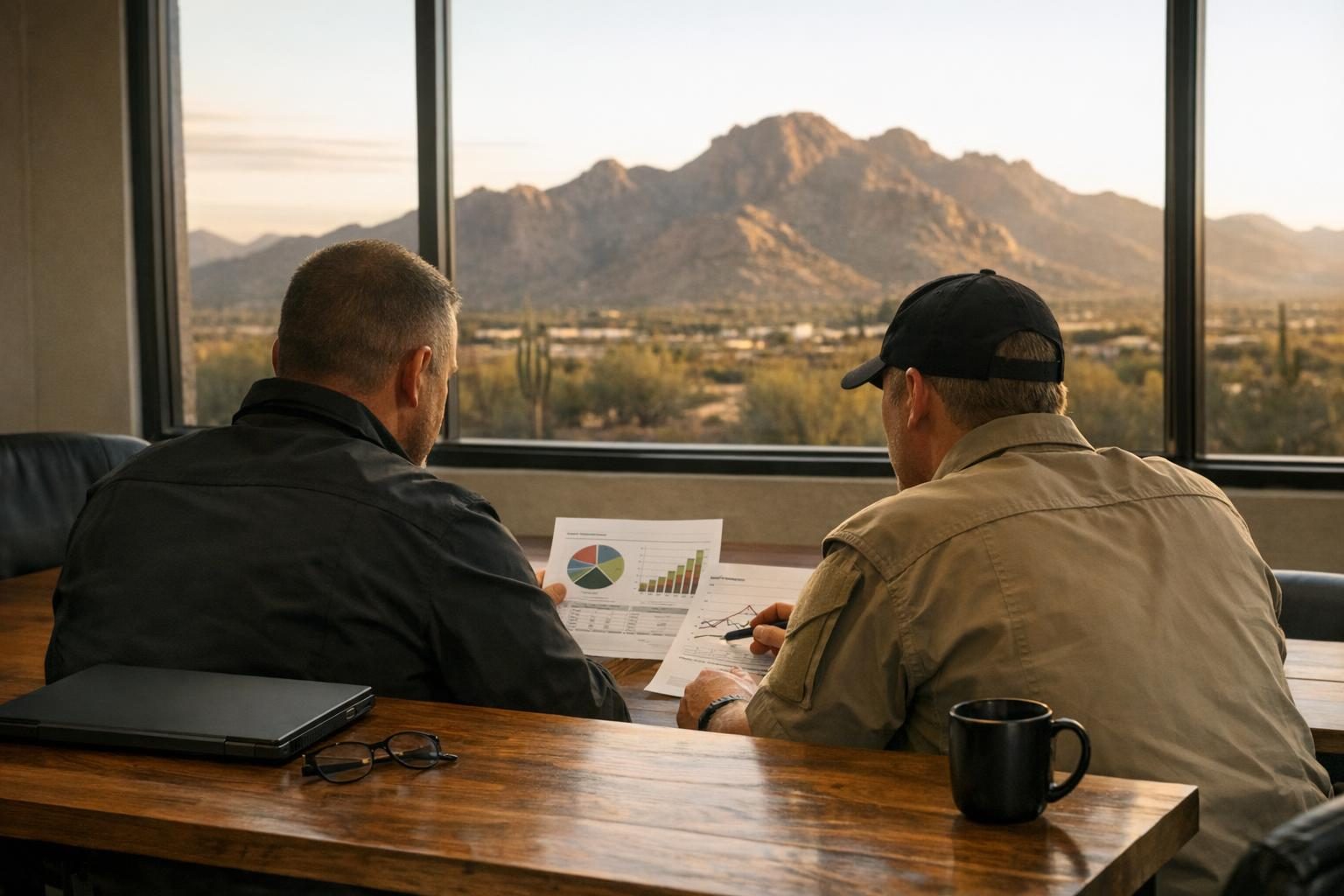 Business leaders reviewing a security roadmap during a planning session for vCISO services