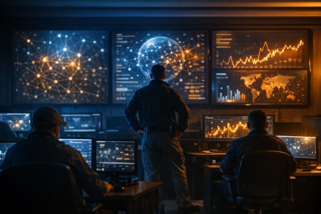 Analysts in a security operations center monitoring network activity