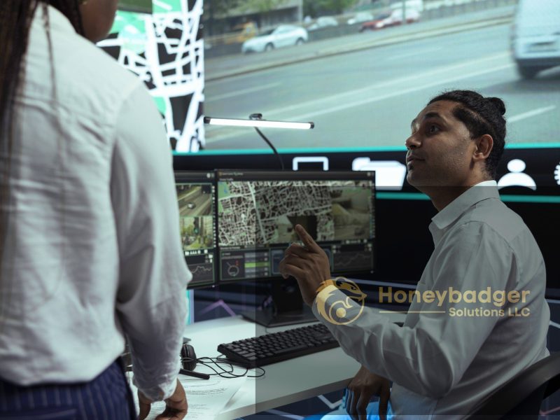 A man in a white shirt gestures while speaking to a colleague at a computer station with multiple monitors displaying data.