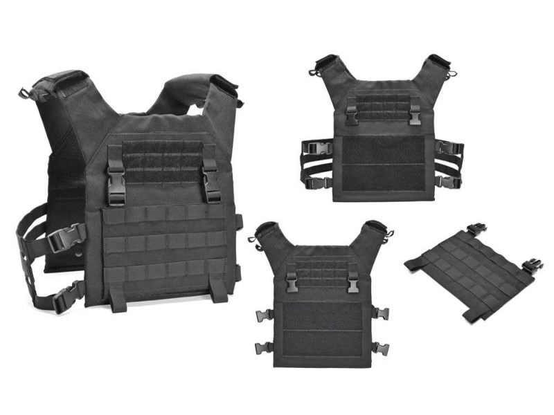 A black modular body armor carrier vest is shown from multiple angles with side straps, front panels, and attachment webbing on a white background.